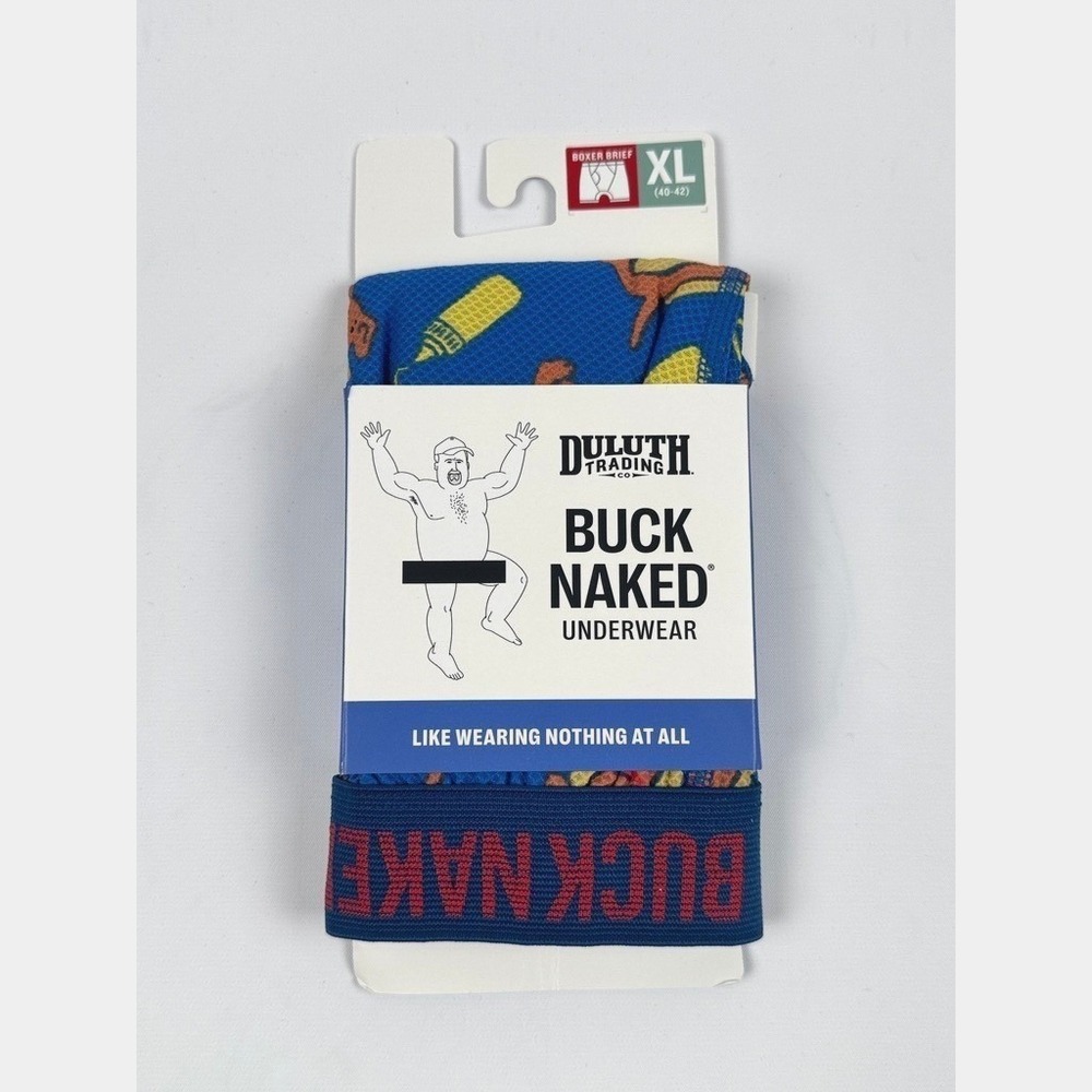 Duluth Trading Co Men's Buck Naked Boxer Brief Hot Dog Print Blue Size XL